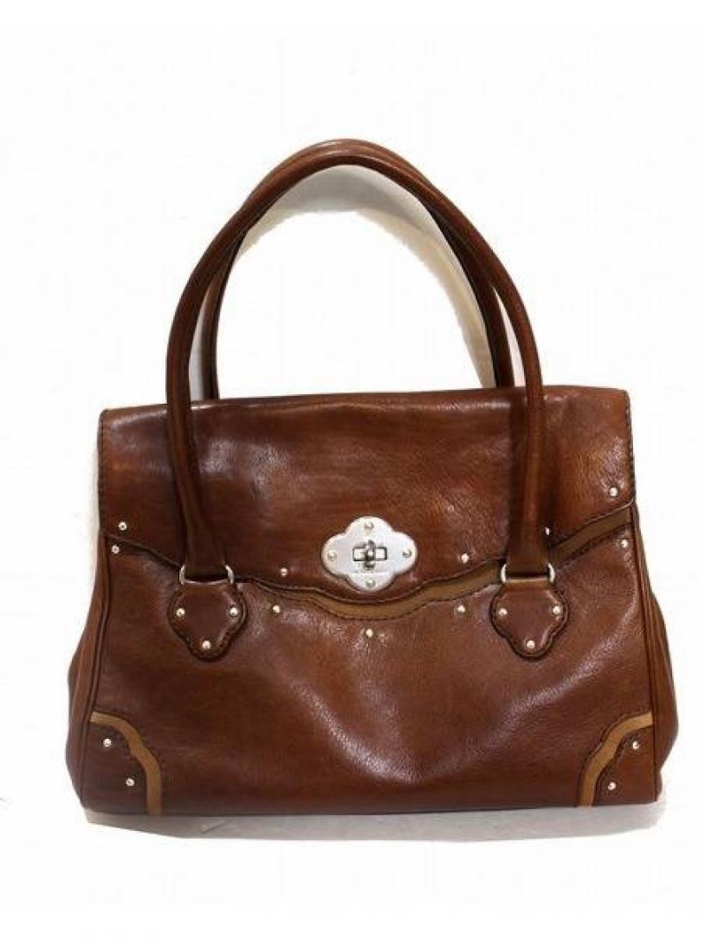Michael Kors Brown Leather Double-Handle Satchel with Silver Turn-Lock